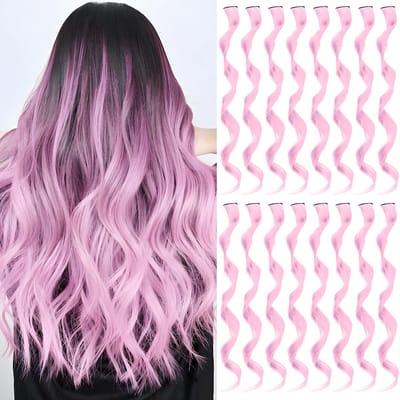 Pruik-pruiken dames-pruiken-16 stuks kleurrijke haarextensies krullend golvend clip-in synthetische pruik strepen voor meisjes, veelkleurige feest hoogtepunten cosplay festival cadeaus-roze-55cm