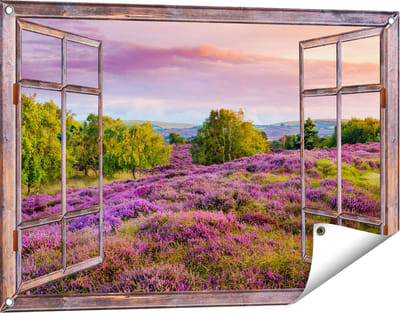 Gards Tuinposter Doorkijk Paarse Weide - 90x60 cm - Tuindoek - Tuindecoratie - Wanddecoratie buiten - Tuinschilderij