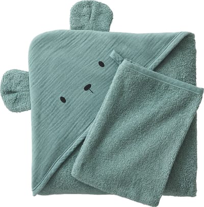 Vertbaudet Badcape + handschoen van biologisch katoenen gaas.