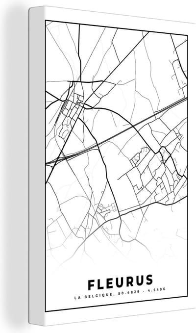 Canvas Schilderij Plattegrond – Fleurus – Zwart Wit – Stadskaart - Kaart - België - 20x30 cm - Wanddecoratie