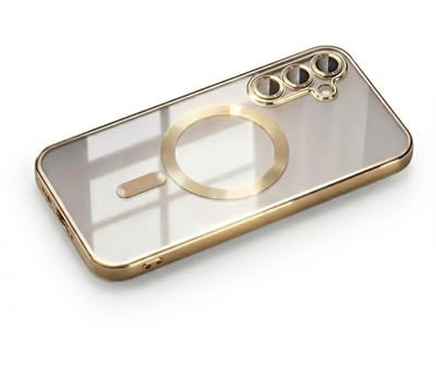 Transparant goudkleurig telefoon hoesje met metallic randen – geschikt voor Samsung A56 MagSafe – luxe backcover met MagSafe ring en camera bescherming