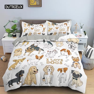 Teckel Beddengoedset, Schattig Kleurrijk Puppy Dekbedovertrek, Cartoon Polyester Dekbedovertrek, Huisdier Hond Home Textiel King Queen 140x200cm 3pcs