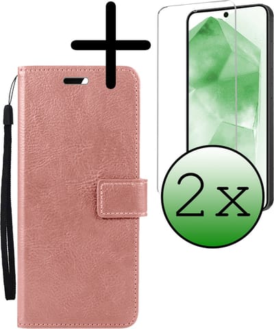 Hoesje Met 2x Screenprotector - Geschikt voor Samsung Galaxy A55 - Luxe Pasjeshouder - Bookcase Portemonee - Flip Case - Kunstleer Book Case - Flipcase Hoes - Book Cover - Walletcase - Portemonneehoes - Rosé goud