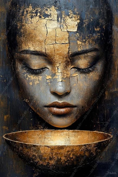 John Joseb Art (Aluminium) 80x120 | Vrouw gezicht, schaal, grunge stijl, abstract, goud, portret, abstract, kunst | mens, grijs, blauw, zwart, modern | foto-schilderij op dibond, metaal wanddecoratie