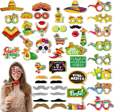 SnelShoppen - 50 Stuks Mexico Fiesta Fotoproppen, Mexicaanse Photo Booth Props met Papieren Zonnebril en Snorren voor Verjaardagen, Feesten, Carnaval