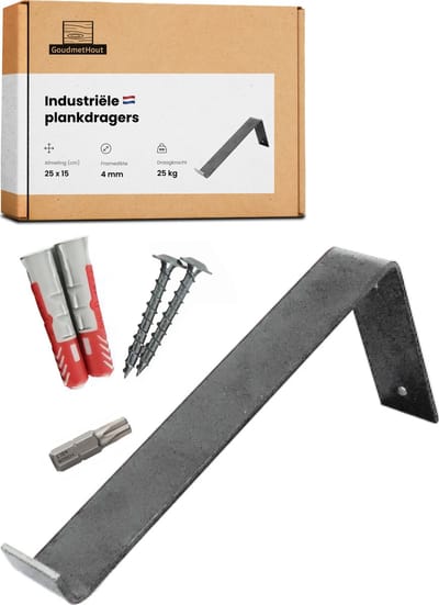 GoudmetHout® Industriële Plankdragers L-vorm - 25 cm - Stalen Plankdrager voor Wandschap, Muurrek of Wandconsole - Max 25 kg - 1 stuk - Zonder Coating