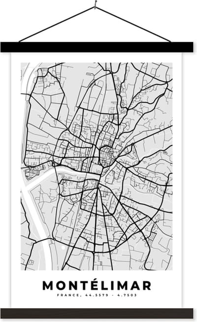 Posterhanger incl. Poster 40x60 cm - Schoolplaat - Kaart – Stadskaart – Frankrijk - Montélimar - Plattegrond - Textielposter - Zwarte latten - Stadskaart