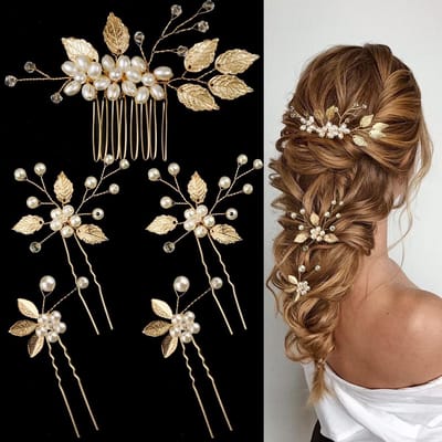 Haarspelden Set - Haaraccessoires Bloem - Bruiloft Feest - Gouden Blad Design - 5 Stuks - Goud