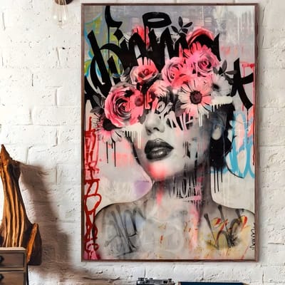 Canvas poster - Abstracte vrouw - Street art kunst - Bloemen graffiti - Moderne wanddecoratie - 30x40 cm - ZONDER LIJST - Kleurrijke kunst - trendy