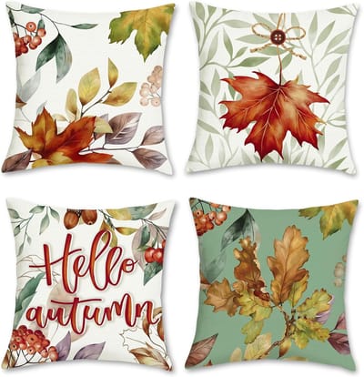 Famanu - Set van 4 kussenslopen, herfstbladeren, 45 x 45 cm, herfstbladeren, polyester, linnen, decoratieve kussenovertrekken voor bank, slaapkamer, woonkamer, auto, woondecoratie