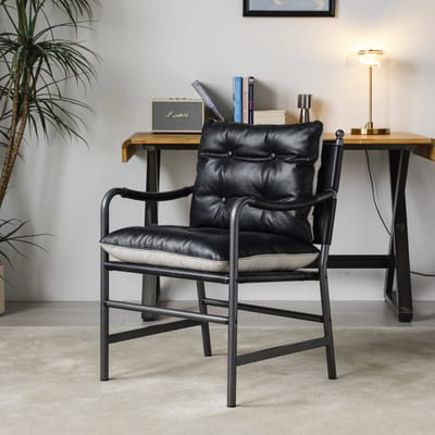 zwarte leren fauteuil - mid century modern accentstoel - luxe zithoek - 60x62x90 cm - comfortabel ontspannen - voor woonkamer en kantoor Zwart