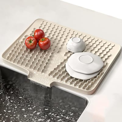 Afdruipmat met afvoer, afdruipmatten van antislip siliconen, opvouwbaar, hittebestendig, BPA-vrij, gemakkelijk te reinigen (melkwit)