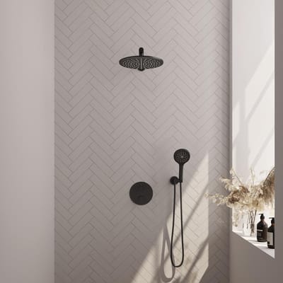 Brauer Black Edition thermostatische inbouw regendouche 3-weg rond SET 80 met 30 cm douchekop en rechte muurarm en 3-standen handdouche en doucheslang en wandaansluitbocht mat zwart