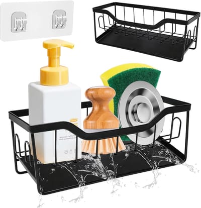 Famanu – Zwarte gootsteenorganizer - keuken-organizer met handdoekhouder - hangende wastafelorganizer - keukenspoelbak-organizer - muur - gootsteenorganizer voor keuken