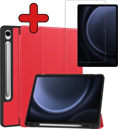 Hoesje - Geschikt voor Samsung Galaxy Tab S9 FE - Met Screenprotector - Trifold Bookcase Hoes - Hard Cover Case - Met Uitsparing Geschikt voor S Pen - Hardcover Book - Tablethoes - Rood