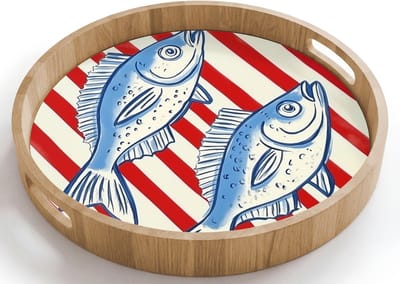 Dienblad rond 40x40 cm - Schootdienblad hout - Vissen - Verticale strepen - Blauw - Rood - Borrelplank rechthoek - Plateau houten dienbladen