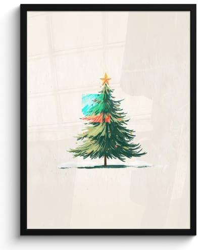 Poster in lijst - Fotolijst 60x80 cm - Posters - Kerstboom - Illustratie - Ster - Sneeuw - Posterlijst zwart - Decoratie - Wanddecoratie woonkamer - Muurdecoratie slaapkamer - Kerstversiering - Kerstdecoratie voor binnen - Kerstmis