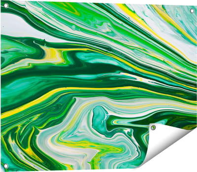 Gards Tuinposter Abstracte Kunst - Groen met Gele Verf - 80x60 cm - Tuindoek - Tuindecoratie - Wanddecoratie buiten - Tuinschilderij