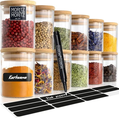 Kruidenpotjes met Stickers - 12-delige set - 125 ml - Glazen Potjes - Tafelsticker - Krijtstift - Luchtdicht - Bamboedeksel - Specerijen - Kruiden - Thee Kruidenpotjes met Stickers