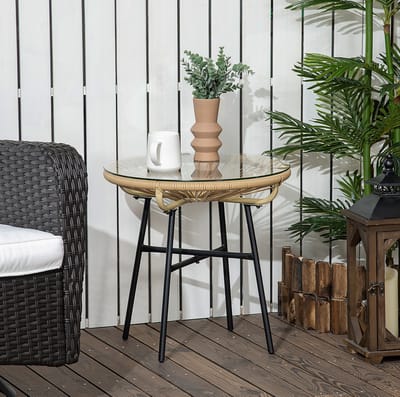 Bistrotafel - Ronde Tuintafel Met Gehard Glas En PE-Rattan - Voor Balkon En Terras - Metaal Glas Rattan - 50 x 50 x 50 cm - Beige Zwart