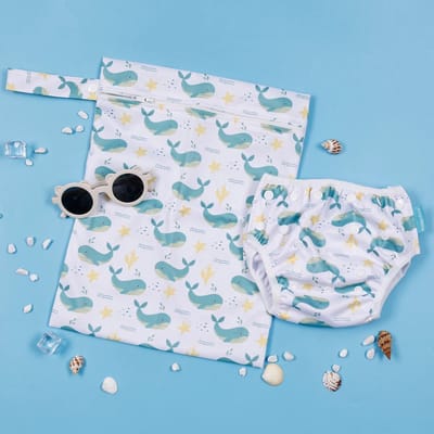 Wasbare zwemluier - met waterdichte opberg zak - baby - Walvis Design - 0 - 3 jaar - zwemluier