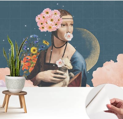 Wallfluent Zelfklevend Behang - Bloemige elegantie Zelfklevend fotobehang - 208x146 cm - Blauw Zelfklevend Behang - Herpositioneerbaar - Voor de woonkamer, slaapkamer en kantoor Zelfklevend Behang