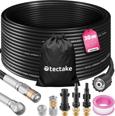 tectake® Rioolslang - Leidingreinigingsslang met 2x leidingreinigingsmondstuk - Afvoerreiniger voor hogedrukreinigers - Leidingreiniging voor afvoeren - Afvoerleiding - Rioolreiniger - Toiletreiniger - 30 meter
