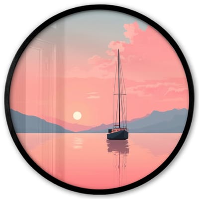 Poster in lijst Rond - Fotolijst 40x40 cm - Posters - Zeilboot - Roze zee - Zonsondergang - Bergen - Ronde posterlijst zwart - Decoratie - Wanddecoratie woonkamer - Muurdecoratie slaapkamer