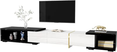 TV-Meubel 140–260 cm - Verstelbaar Lowboard Met Draaifunctie - Marmerlook Afwerking - Onbekend - Zwart en Wit