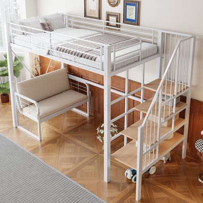 Hoogslaper 90 x 200 cm - met metalen frame - inclusief afneembare zachte bank - met opbergruimte - wit - zonder matras