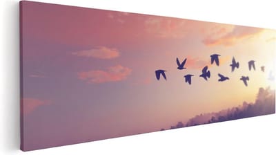 Artaza Canvas Schilderij Zonsondergang - 60x20 cm - Wanddecoratie Vogels - Muurdecoratie Silhouet - Kamer Accessoires