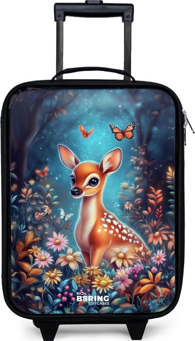 NoBoringSuitcases.com® - Kinderkoffer jongen - Kindertrolley meisje - Hertje tussen bloemen in betoverend bos - Koffer kind lichtgewicht - Reiskoffer trolley voor kinderen - Koffertje met lichtgevende wieltjes - Rolkoffer zwart