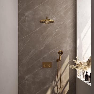 Brauer Gold Edition Thermostatische Regendoucheset Inbouw - Hoofddouche 30 cm - Rechte Wandarm - Met Drukknoppen - Handdouche 3 Standen - Doucheslang - Wandaansluitbocht - Geborsteld Goud