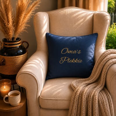 Sierkussen Kussen met tekst bedrukt cadeau oma | oma’s plekkie blauw met opdruk goud met vulling | 50x50 cm | Moederdag verjaardag vrouw