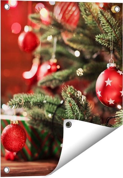 Gards Tuinposter Kerstboom met Rode Lichtjes en Kerstballen - 40x50 cm - Tuindoek - Tuindecoratie - Wanddecoratie buiten - Tuinschilderij