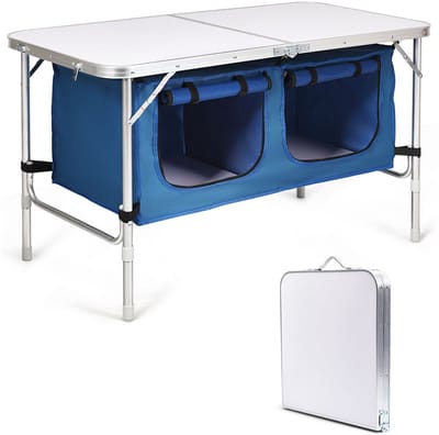 Campingkeuken - Kampeerkast - Opvouwbaar - Campingkast - Afsluitbare compartimenten - Stevige werkbladen - Wit + Donkerblauw