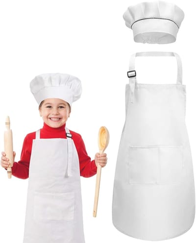 Kinderen Schort en Kookmuts Set met Zakjes voor Koken, Bakken en Schilderen 7-13 Jaar - Wit, 60*45cm