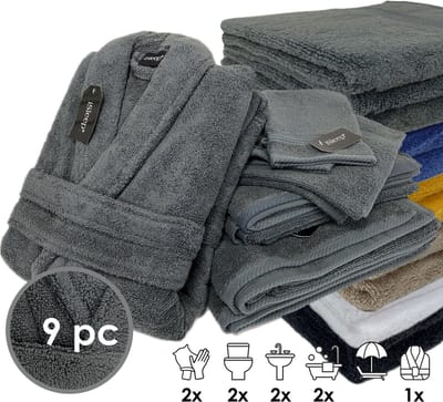iSleep Terry Badtextiel - Voordeelset (9 delig) - 1x Badjas - Maat S - 2x Washandje 16x22 cm - 2x Gastendoekje 30x50 cm - 2x Handdoek 60x110 cm - 2x Badlaken 70x140 cm - Antraciet
