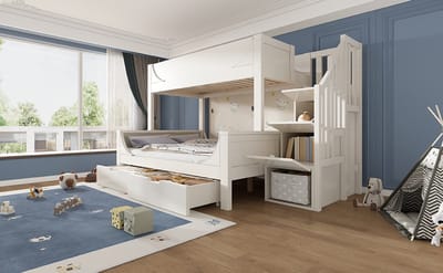 Wishdor Stapelbed Sledevorm 90x200/140x200 cm - Ladderkast en Grote Laden op Wielen - Landelijke Stijl - EN 747-1:2024 Gecertificeerd - Geschikt voor Kinderslaapkamer - Massief Hout, MDF en Metaal - Wit