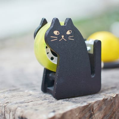 Plakbandhouder - Schattige kattenplakbandhouder - Vintage houten plakbandsnijder in de vorm van een kitten - Geschikt voor bureaus in huis of op kantoor - Zwart