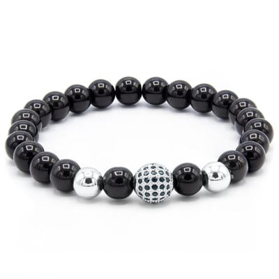 Victorious Natuurstenen Kralen Armband – Heren Armband – Dames Armband – Zilveren Bol – Zwart – 18cm