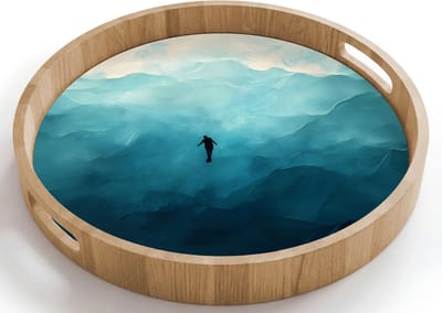 Dienblad rond 40x40 cm - Schootdienblad hout - Zee - Silhouet - Abstract - Blauw - Borrelplank rechthoek - Plateau houten dienbladen