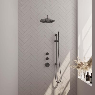 Brauer Gunmetal Carving Thermostatische Regendoucheset Inbouw - Hoofddouche 30 cm - Gebogen Wandarm - Handdouche Staaf - Doucheslang - Geintegreerde Glijstang - Gunmetal