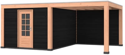 Douglas overkapping, 600 x 400, met zwarte schuur en achterwand, Westwood Modern Plus