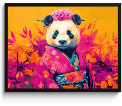 Poster in lijst - Fotolijst 70x50 cm - Posters - Kimono - Roze - Panda - Bloemenkroon - Posterlijst zwart - Decoratie - Wanddecoratie woonkamer - Muurdecoratie slaapkamer