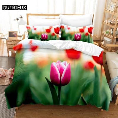 3D Tulp Bloemenprint Dekbedovertrek Set - 3 Delen Verkrijgbaar In Twin, Double En King Maten AU Double(180*210cm)3pcs