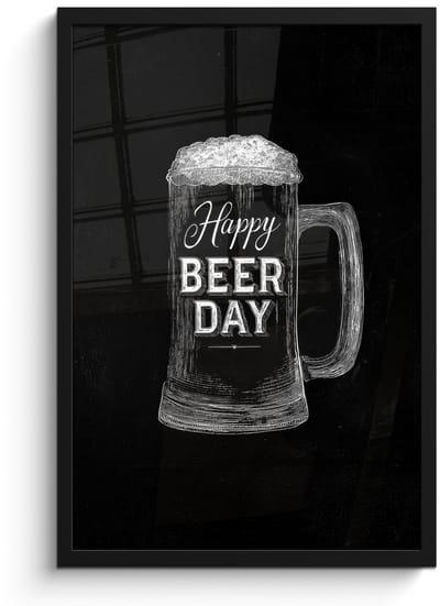 Poster in lijst - Fotolijst 40x60 cm - Posters - Bierpul - Witte krijtletters - Happy beer day - Posterlijst zwart - Decoratie - Wanddecoratie woonkamer - Muurdecoratie slaapkamer
