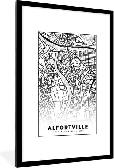 Fotolijst incl. Poster Zwart Wit- Stadskaart - Frankrijk - Kaart - Plattegrond - Alfortville - Zwart wit - 80x120 cm - Posterlijst