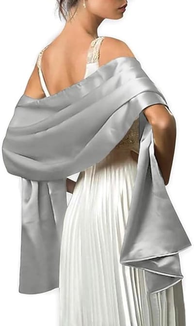 Damessjaal, 200 x 70 cm, elegante damessjaal, satijn, stola, geschikt voor avondfeesten, bruiloften, feesten en ballen（Licht zilver）
