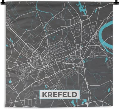 Wandkleed - Wanddoek - Duitsland – Blauw – Krefeld – Stadskaart – Kaart – Plattegrond - 180x180 cm - Wandtapijt